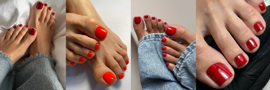Яркие цвета педикюра 2026 в оттенках cherry red и blood orange